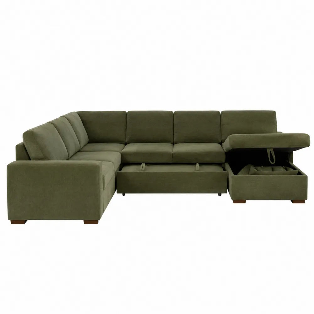 Canapé d’angle modulable en tissu polyester vert olive avec coffre de rangement 285 cm x 175 cm x 86 cm