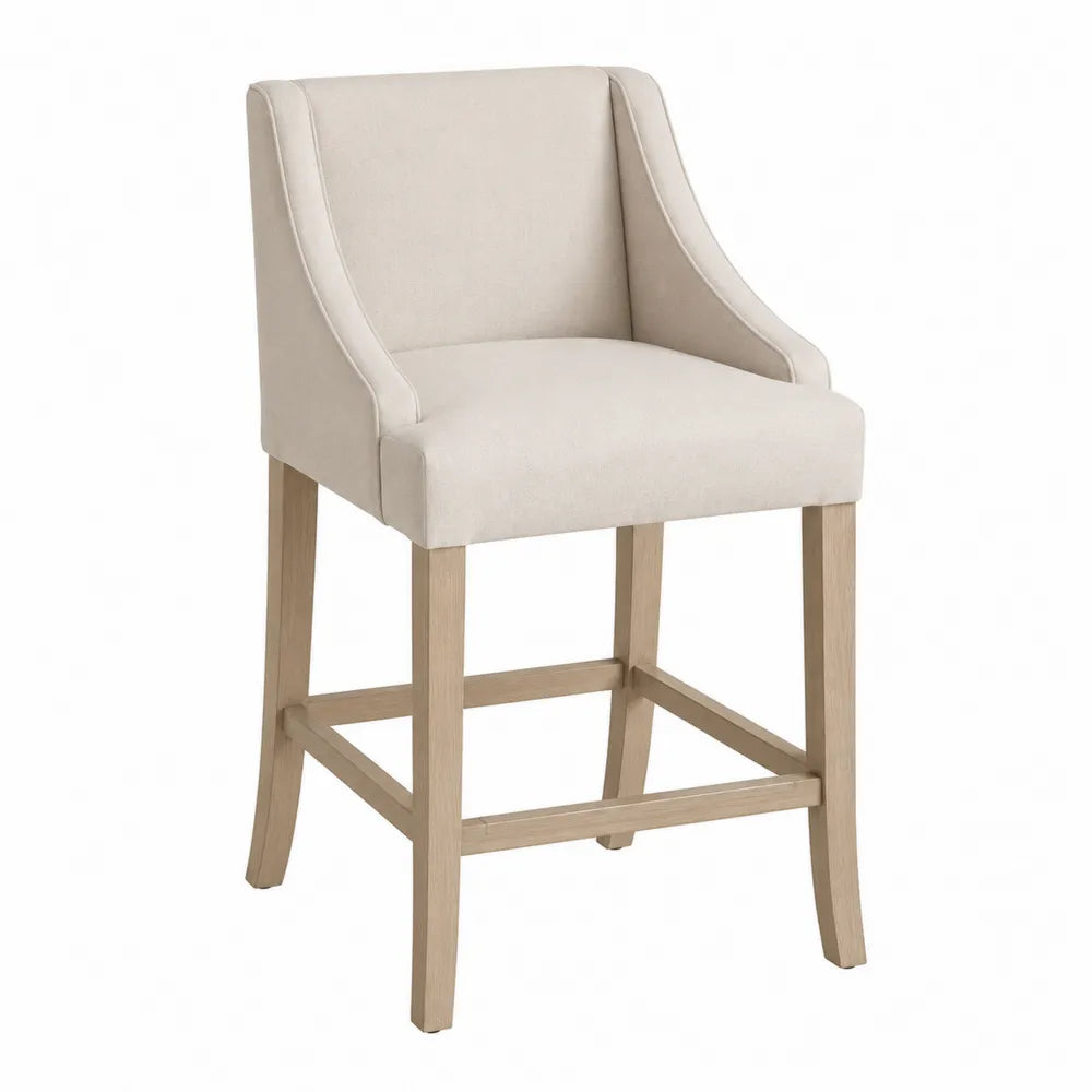 Tabouret de bar rembourré avec dossier et accoudoirs en polyester beige et bois d’hévéa chêne clair 57 cm x 60 cm x 105 cm