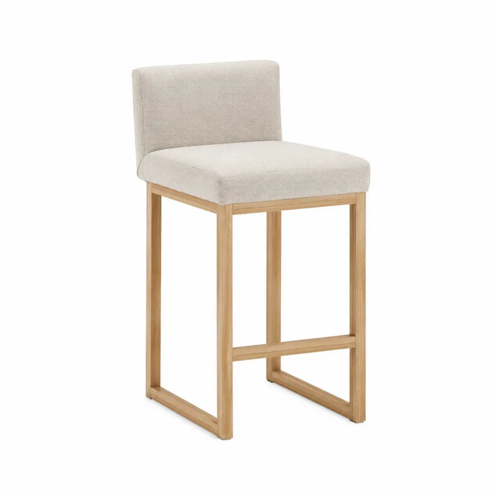 Tabouret de bar fixe avec dossier en polyester bouclé écru et structure en bois chêne clair 45 cm x 52 cm x 98 cm