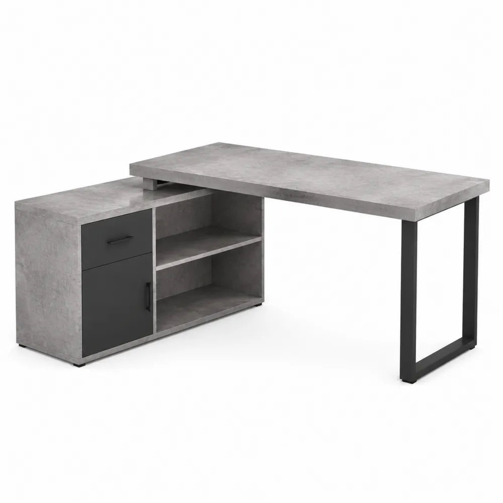 Bureau en L avec caisson latéral 145 x 110 x 75 cm décor béton gris et acier noir