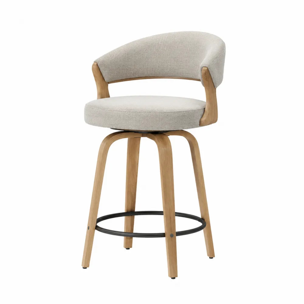 Tabouret de bar pivotant 54 x 53 x 98 cm assise et dossier en tissu bouclé écru structure en hévéa massif chêne clair repose-pieds acier noir