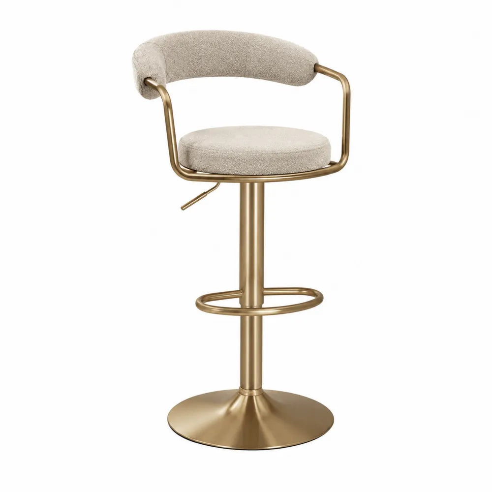 Tabouret de bar réglable pivotant 55 x 52 x 91-112 cm assise en tissu écru dossier rembourré structure en acier finition dorée base ronde et repose-pieds intégré