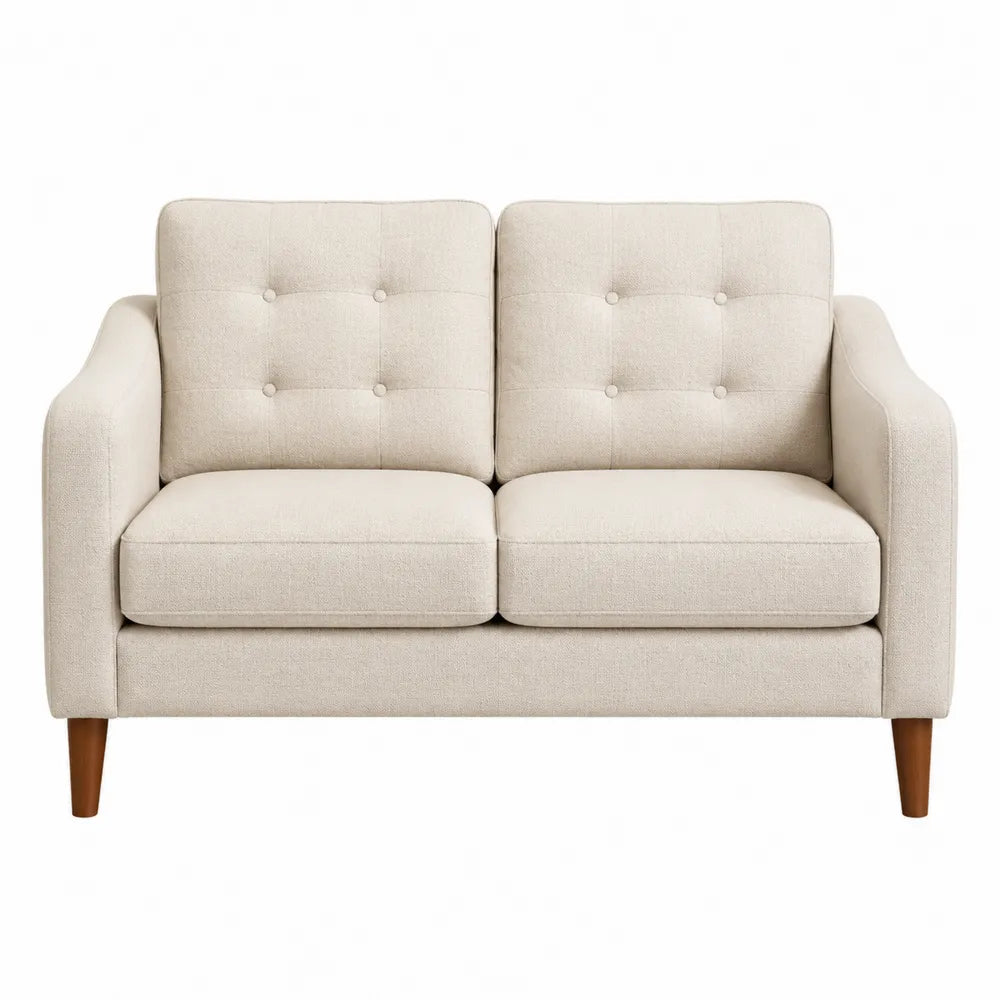 Canapé 2 places en tissu polyester beige avec coussins amovibles et pieds en bois 150 cm x 85 cm x 85 cm