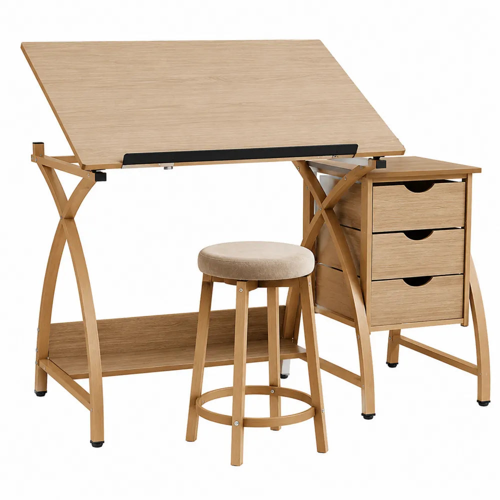 Bureau de dessin inclinable avec caisson 3 tiroirs et tabouret en MDF mélaminé chêne clair et bambou 120 x 60 x 78 cm