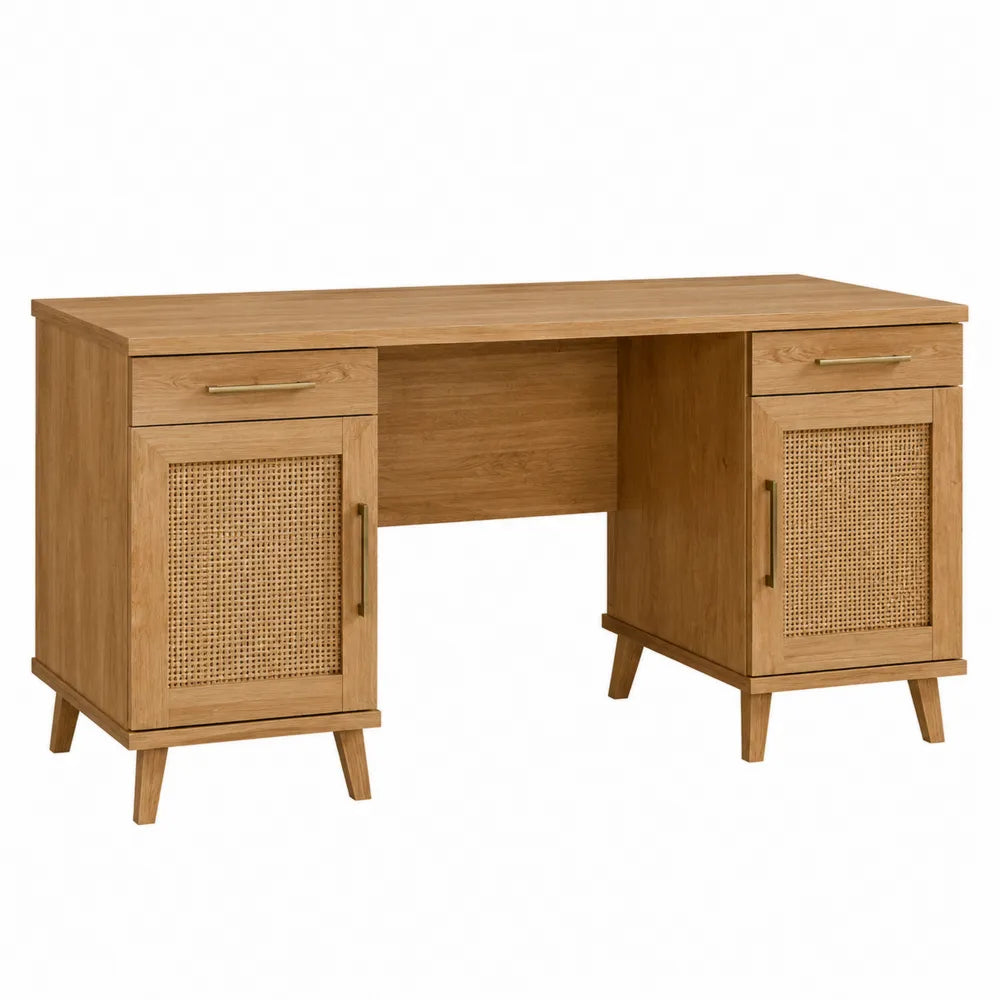 Bureau rectangulaire en panneaux de particules décor chêne naturel et rotin avec 2 tiroirs et 2 portes 150 x 60 x 76 cm