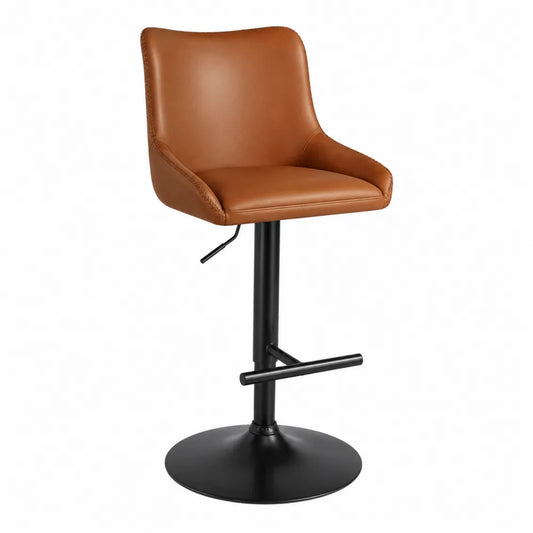 Tabouret de bar réglable pivotant en PU marron cognac avec base ronde en acier noir et repose-pieds 50 x 52 x 90-110 cm