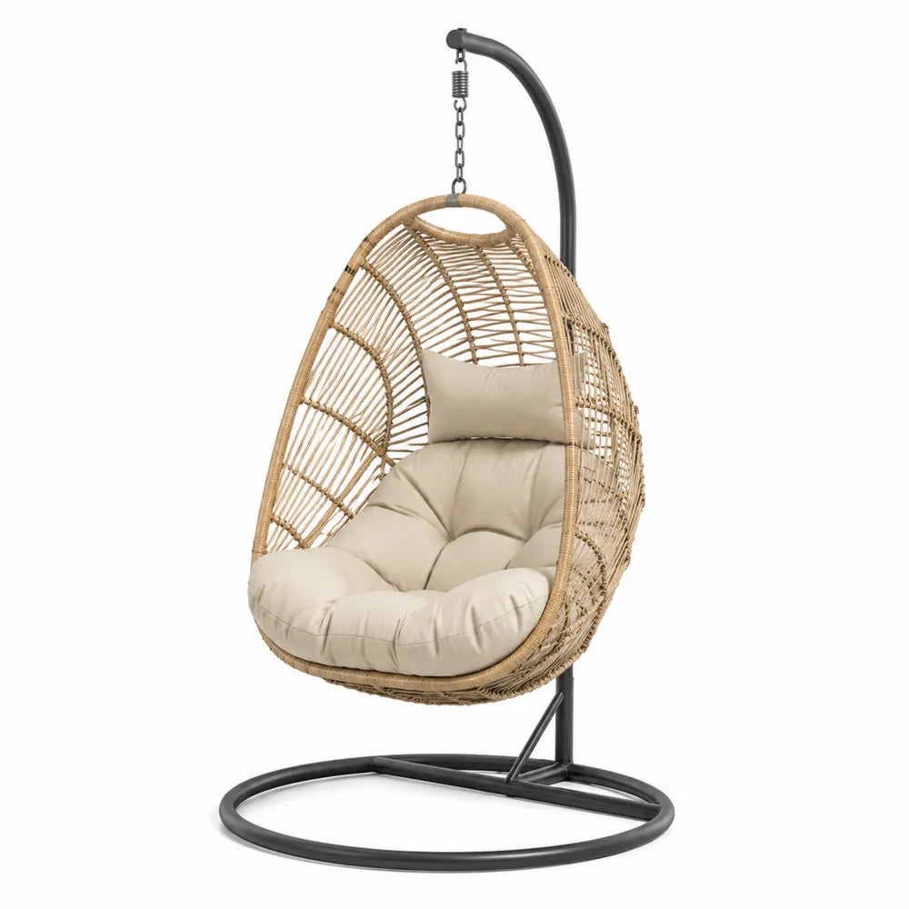 Fauteuil suspendu œuf avec support 105 x 105 x 198 cm en résine tressée PE beige avec structure en acier noir et coussins rembourrés