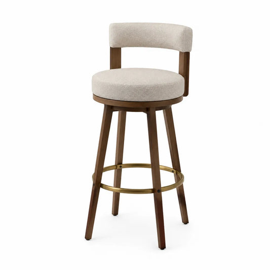 Tabouret de bar fixe avec dossier rembourré et assise ronde en polyester bouclé écru bois brun et repose-pieds circulaire doré 48 cm x 50 cm x 99 cm