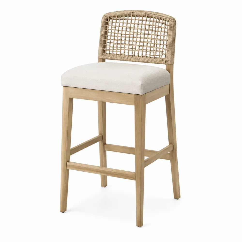 Tabouret de bar en bois massif avec dossier en cannage et assise rembourrée beige 45 x 48 x 100 cm