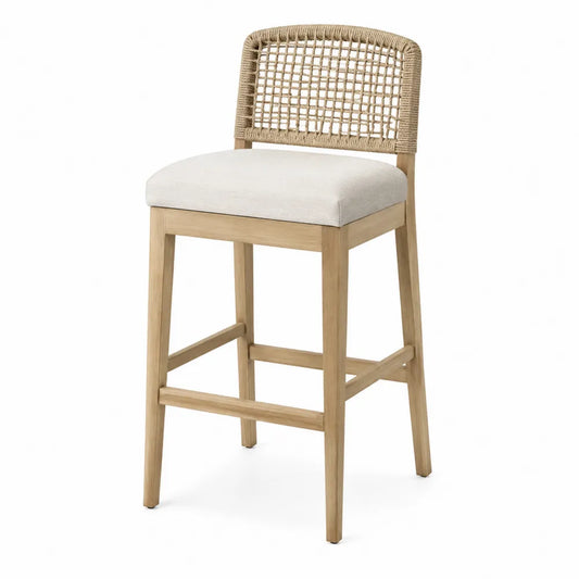 Tabouret de bar en bois massif avec dossier en cannage et assise rembourrée beige 45 x 48 x 100 cm