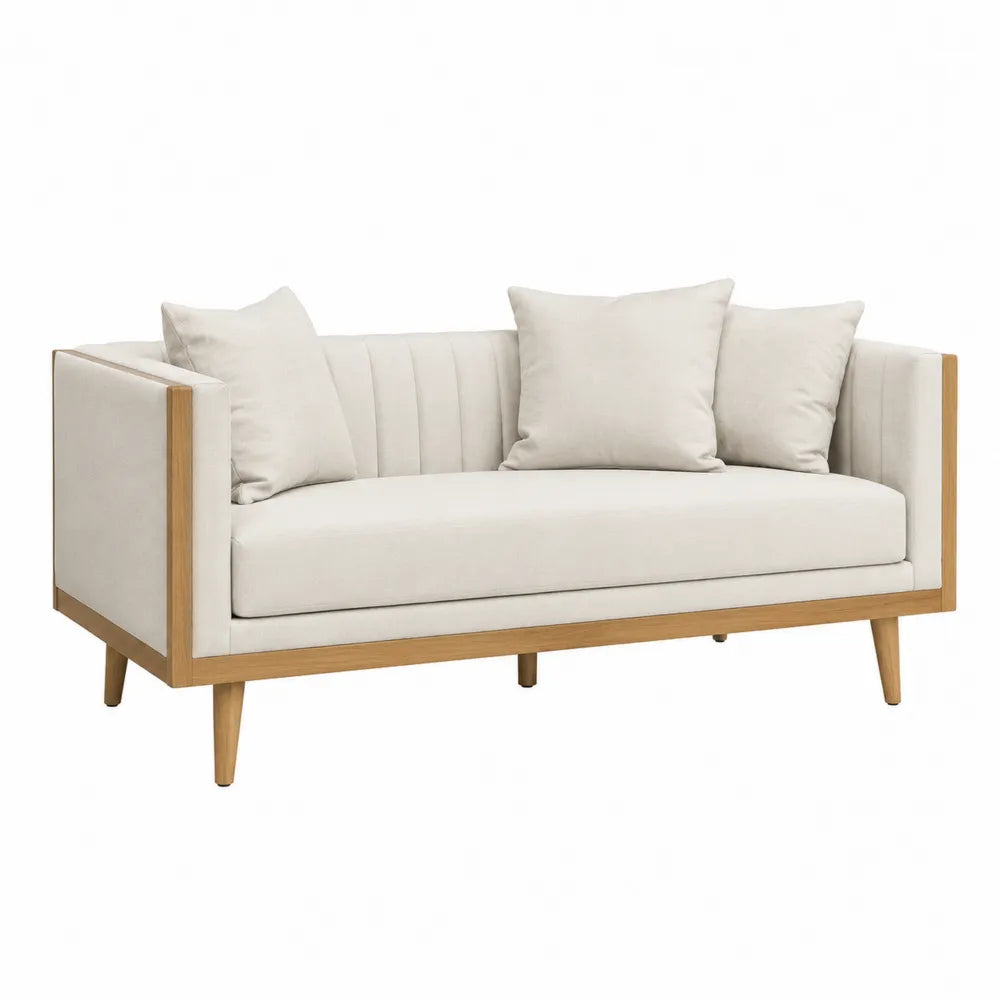 Canapé 2 places 160 x 82 x 78 cm en tissu polyester beige avec structure en bois d’hévéa chêne clair et coussins amovibles