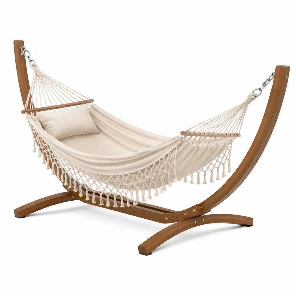 Hamac avec support autoportant en bois d’épicéa et toile coton polyester beige 320 x 120 x 115 cm