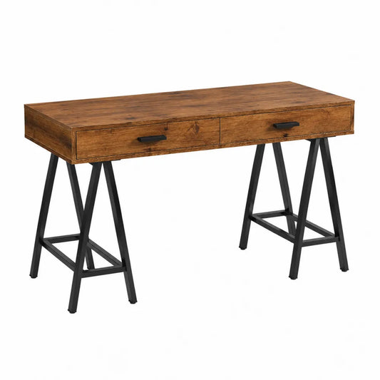 Bureau rectangulaire avec 2 tiroirs plateau effet bois et pieds en acier noir 120 x 50 x 75 cm