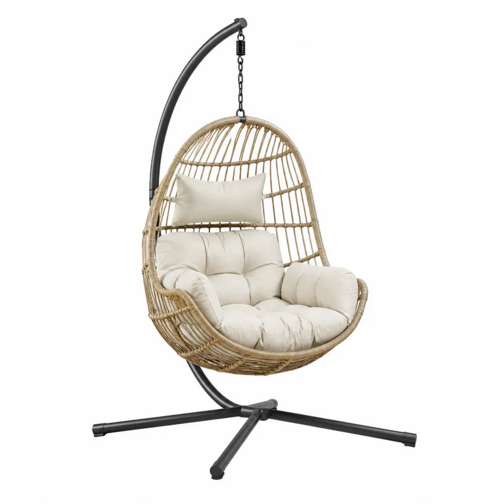 Fauteuil suspendu œuf avec support en acier noir et résine tressée beige 105 x 105 x 195 cm