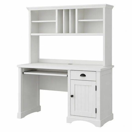 Bureau avec bibliothèque haute en MDF blanc avec tiroir placard et tablette clavier 120 cm x 55 cm x 180 cm