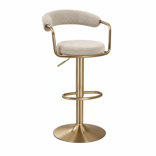 Tabouret de bar réglable pivotant 55 x 52 x 91-112 cm assise en tissu écru dossier rembourré structure en acier finition dorée base ronde et repose-pieds intégré