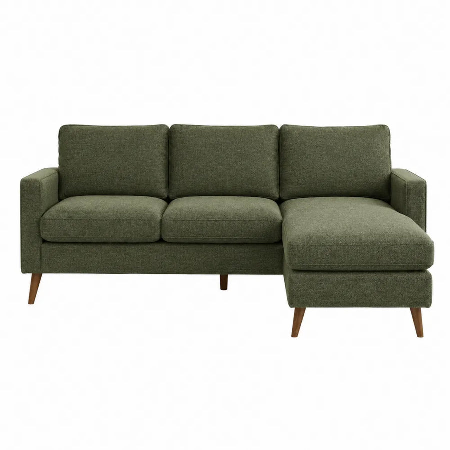 Canapé d’angle modulable 3 à 4 places 240 x 150 x 85 cm en tissu polyester vert olive avec méridienne droite et pieds en bois