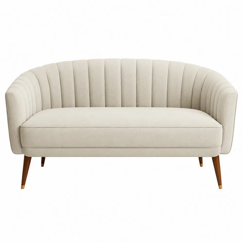Canapé 2 places incurvé 150 x 75 x 82 cm en tissu polyester écru avec structure en bois d’hévéa brun naturel et pieds inclinés