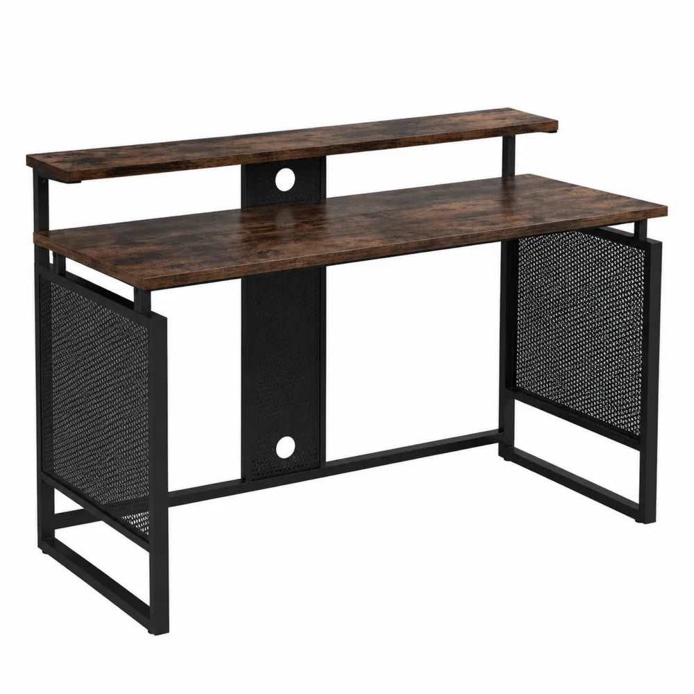 Bureau informatique rectangulaire avec étagère supérieure MDF mélaminé brun foncé structure acier noir 120 cm x 60 cm x 88 cm