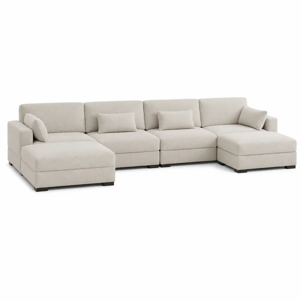 Canapé d’angle modulable 4 places avec méridienne gauche en tissu polyester beige 280 x 165 x 82 cm