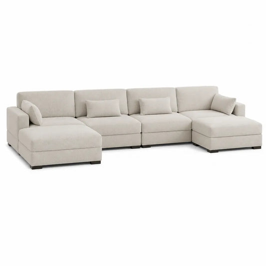 Canapé d’angle modulable 4 places avec méridienne gauche en tissu polyester beige 280 x 165 x 82 cm