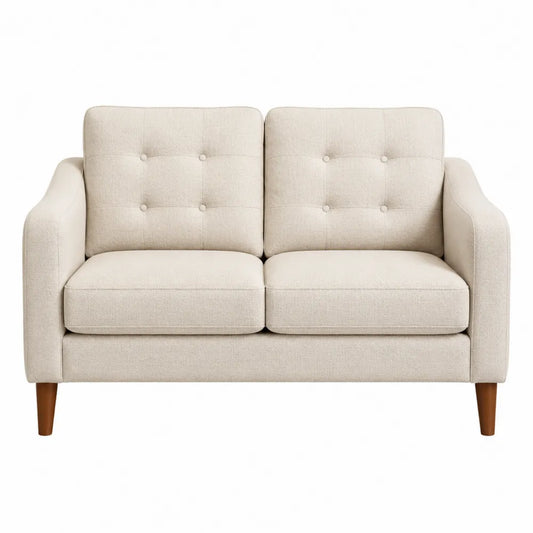 Canapé 2 places en tissu polyester beige avec coussins amovibles et pieds en bois 150 cm x 85 cm x 85 cm