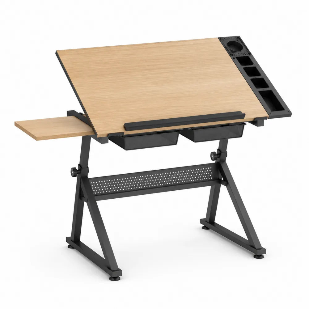 Bureau de dessin inclinable rectangulaire avec rangements MDF chêne clair et acier noir 120 x 60 x 76 cm